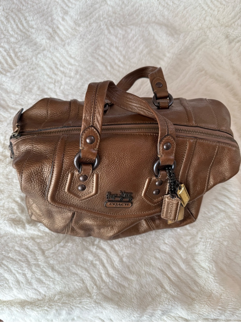 COACH Madison Sabrina Bronze Leather Satchel Handbag with Purple Lining - Picture 3 of 6